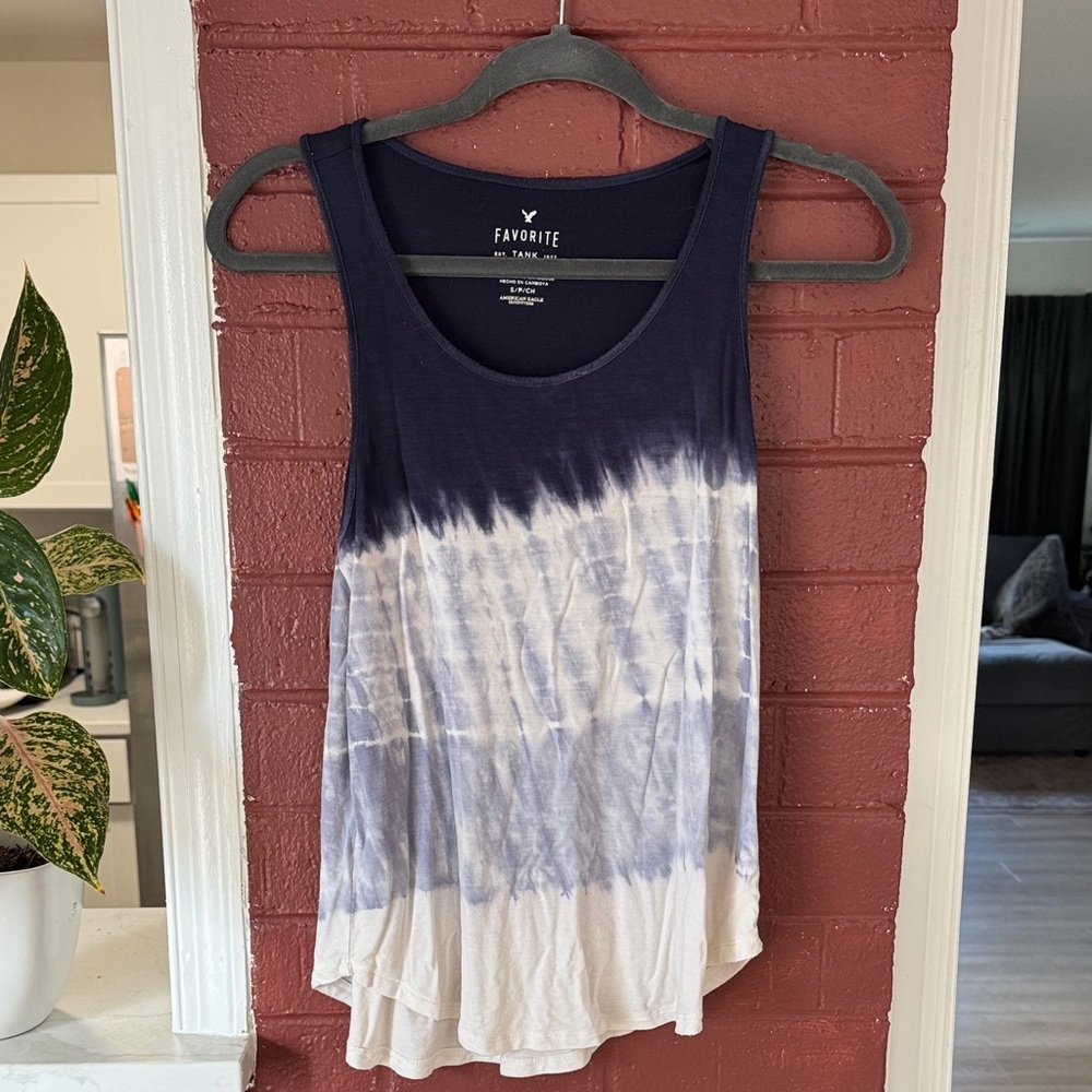 American Eagle Outfitters Navy and White Tie-Dye Tank Top